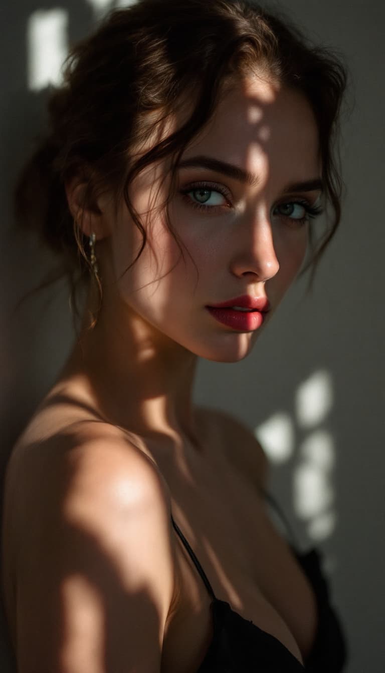 AI generated: high-resolution photograph, woman, stunning use of shadows, in the syle of crisp lines and forms,  U...