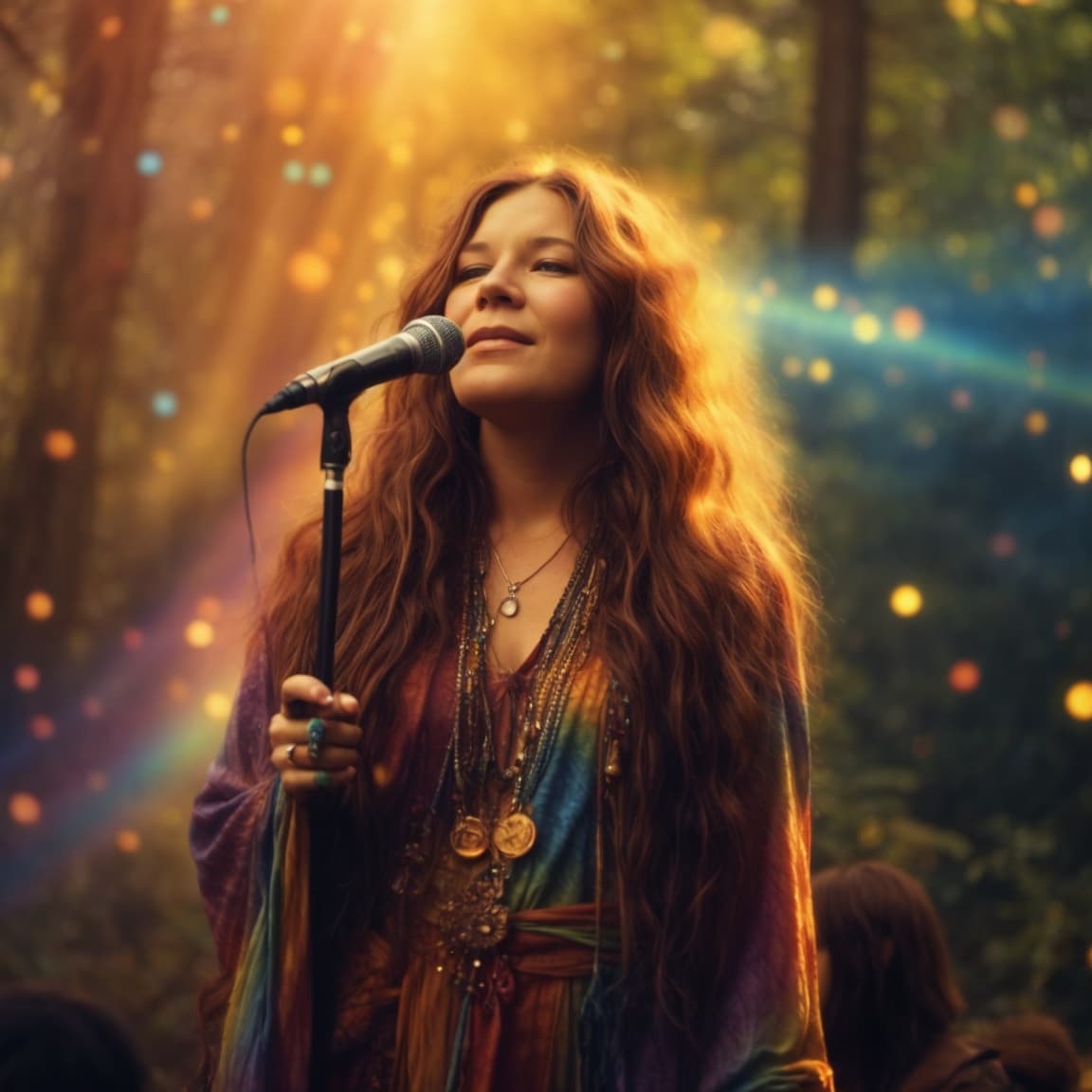 AI generated: Guardian of the hippies ,Janis joplin with iridescent tie dye patterns, holding a mic, lsd-like, sta...