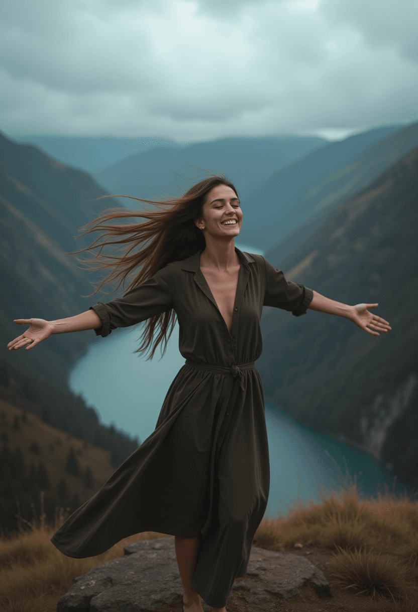 AI generated: This is a dark and moody full body photograph of a woman standing on top of a mountain overlooking a...
