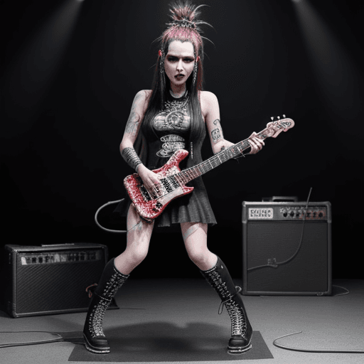 AI generated: (metal music) , full body metal rock star woman with micro punk metal effects holding a guitar with ...