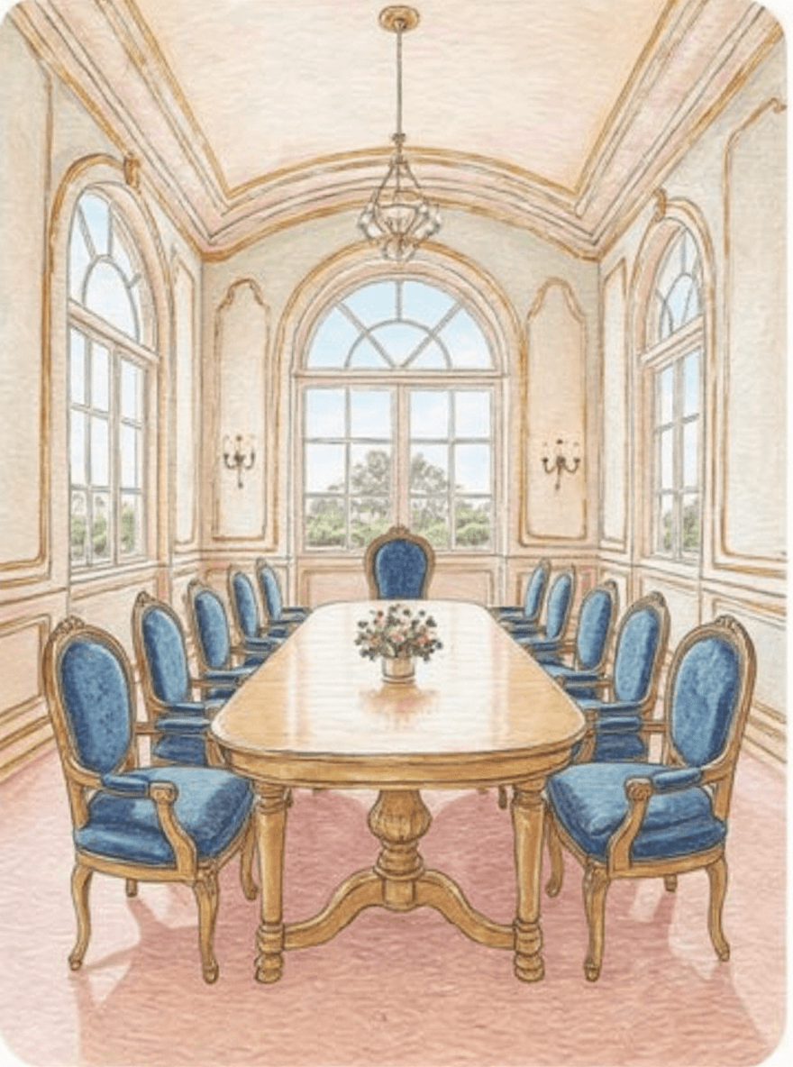 AI generated: Italian luxury long dining room with hig ceilling big arch shape windows natural ligh day come from ...