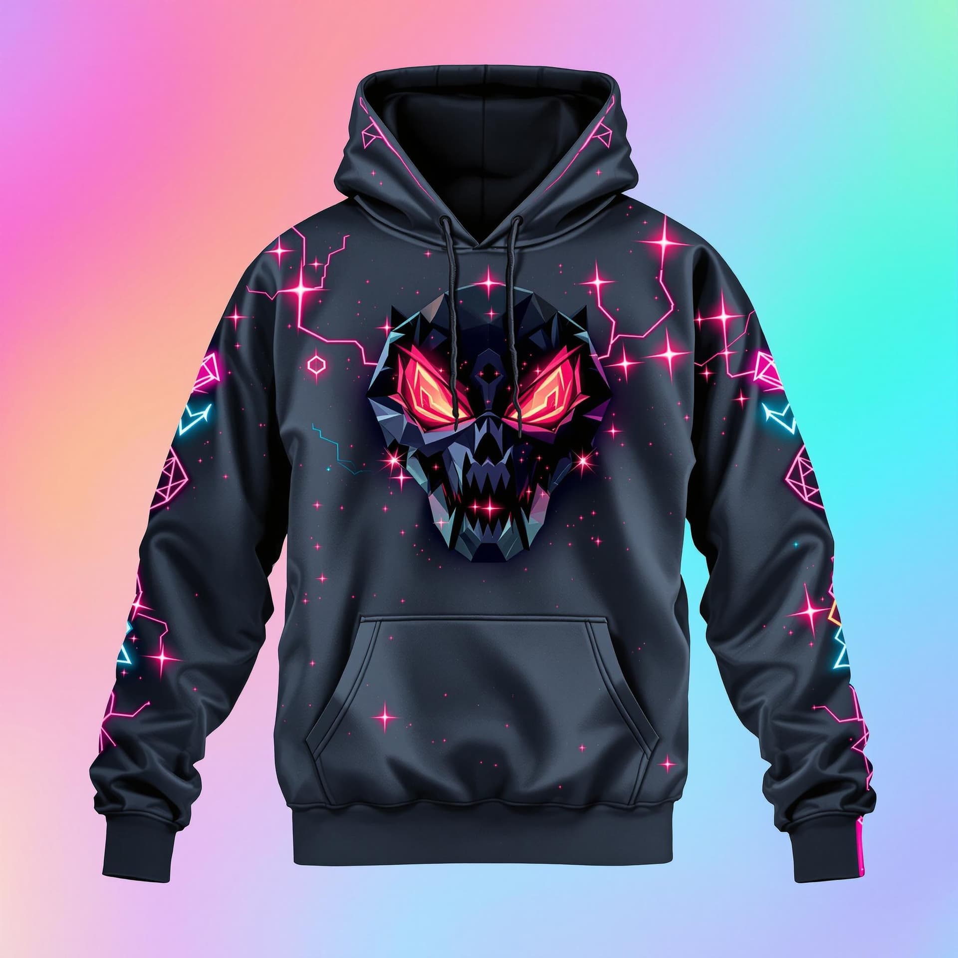AI generated: Mighty Jinx arcane hoodie rgb lights with giobs on chest 
