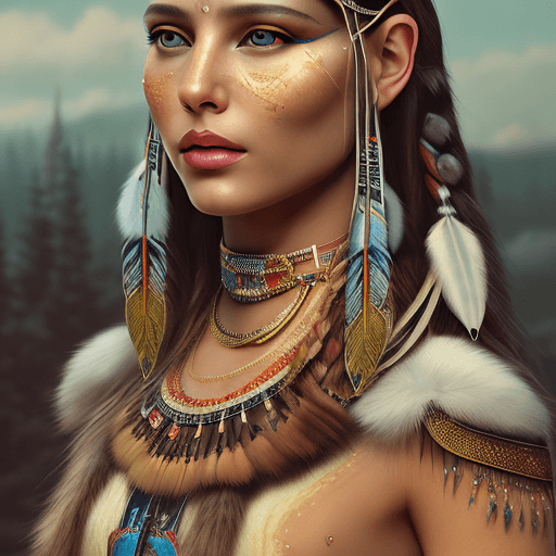 AI generated: mdjrny-v4 style portrait photograph of Cleopatra as Pocahontas, young beautiful native american woma...