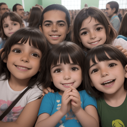 AI generated: Foto de niños animados sonrientes sentados en una asamblea en el piso , uno de ellos se encuentra le...