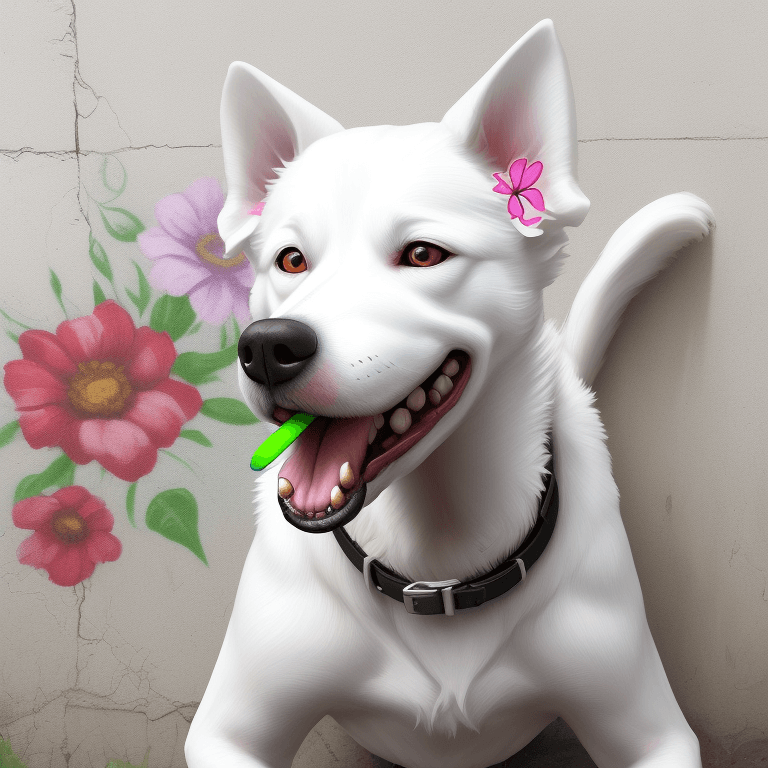 AI generated: White dog with a colorful flower in its mouth painted on a Bansky style wall