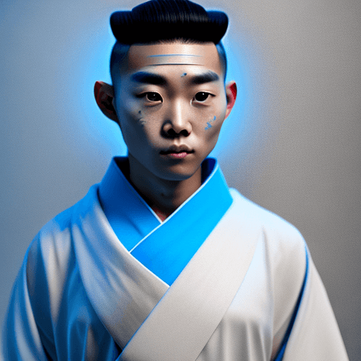AI generated: young male asian disciple with vitiligo in a braid with bangs, in black and light blue robes, vitili...