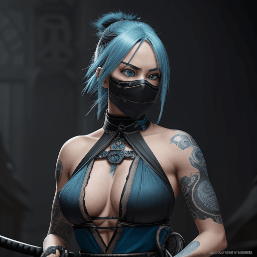 AI generated: The image shows a female character with aqua blue hair and striking blue eyes, wearing a black mask ...