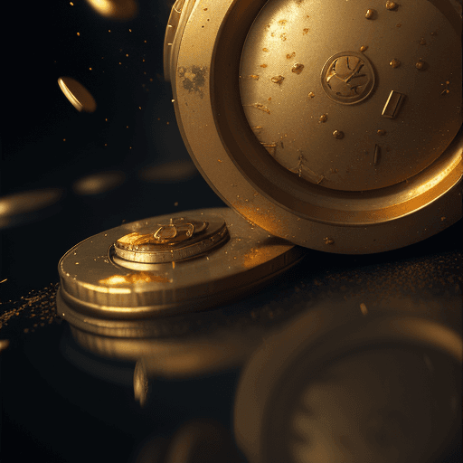 AI generated: closeup view of gold coins falling on a reflective surface, scratches, edgewear, rust, floating part...