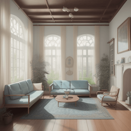 AI generated: High resolution photography interior design, dreamy sunken living room conversation pit, wooden floo...