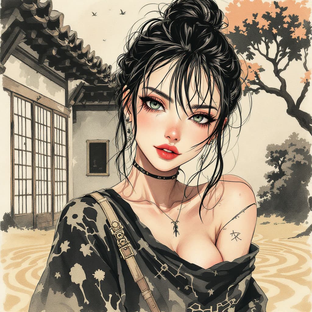 AI generated: anime full body Symbolist ink wash painting of a 24-year-old Yao-Greek female edgy rocker girl with ...