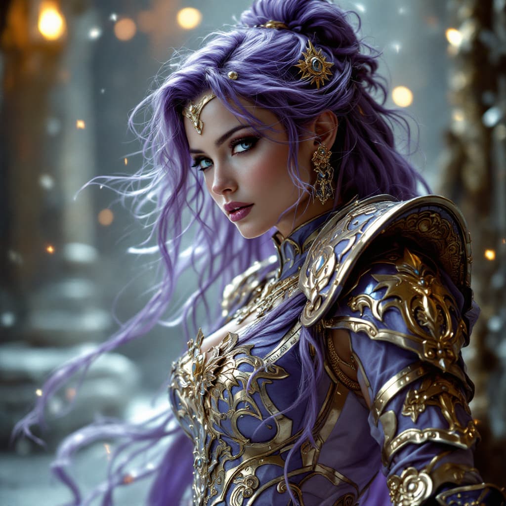 AI generated: Image of a female galactic royal empress, her royal armor is light, richly ornamented complimentary ...