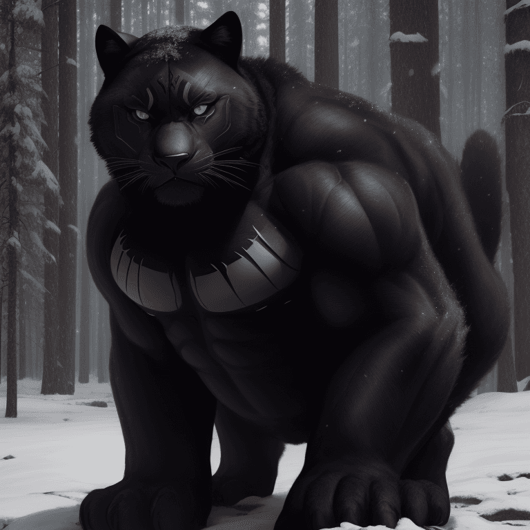 AI generated: furrender style, a large muscular black panther, wearing flannel, snowy forest background, photoreal...