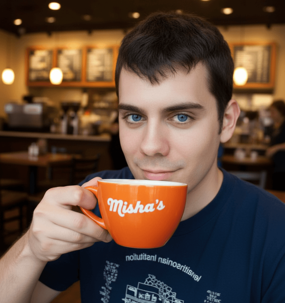 AI generated: The guy has blue eyes. He is at a coffee shop. He is grabbing his orange coffee cup. The cup says on...