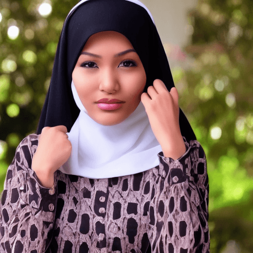 AI generated: Beautiful Indonesian girl with a black hijab on her head, eyes facing the camera, Asian brown skin, ...