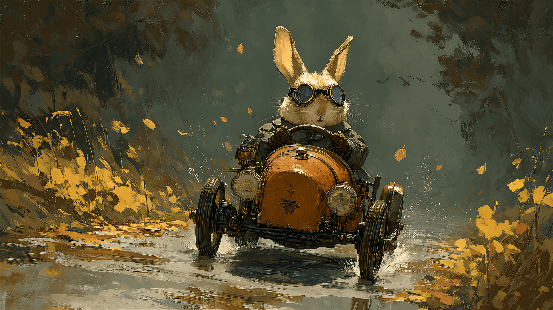 AI generated: rabbit with aviator goggles is driving a small, rusty-orange, steampunk-style car on a muddy, forest...