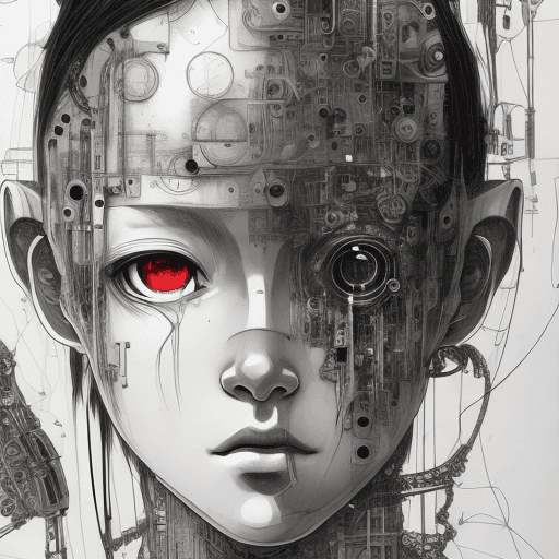 AI generated: artistic, pencil art, portrait, synthetic human with mechanic, complexity with details, empty eye, g...