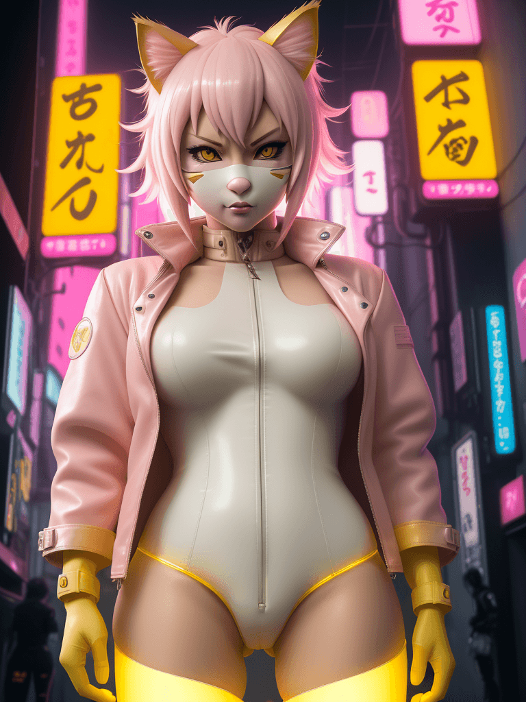 AI generated: An anthropomorphic Yamato as cat girl, cat nose pink outline, in neo-Tokyo, cyberpunk yellow leather...