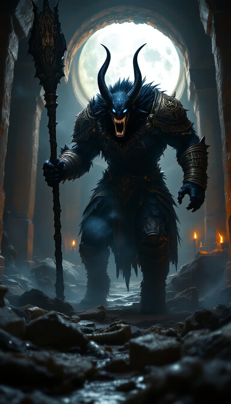 AI generated: Nasus emerges from the darkened halls of a forgotten crypt, his black-furred muzzle curled in a snar...