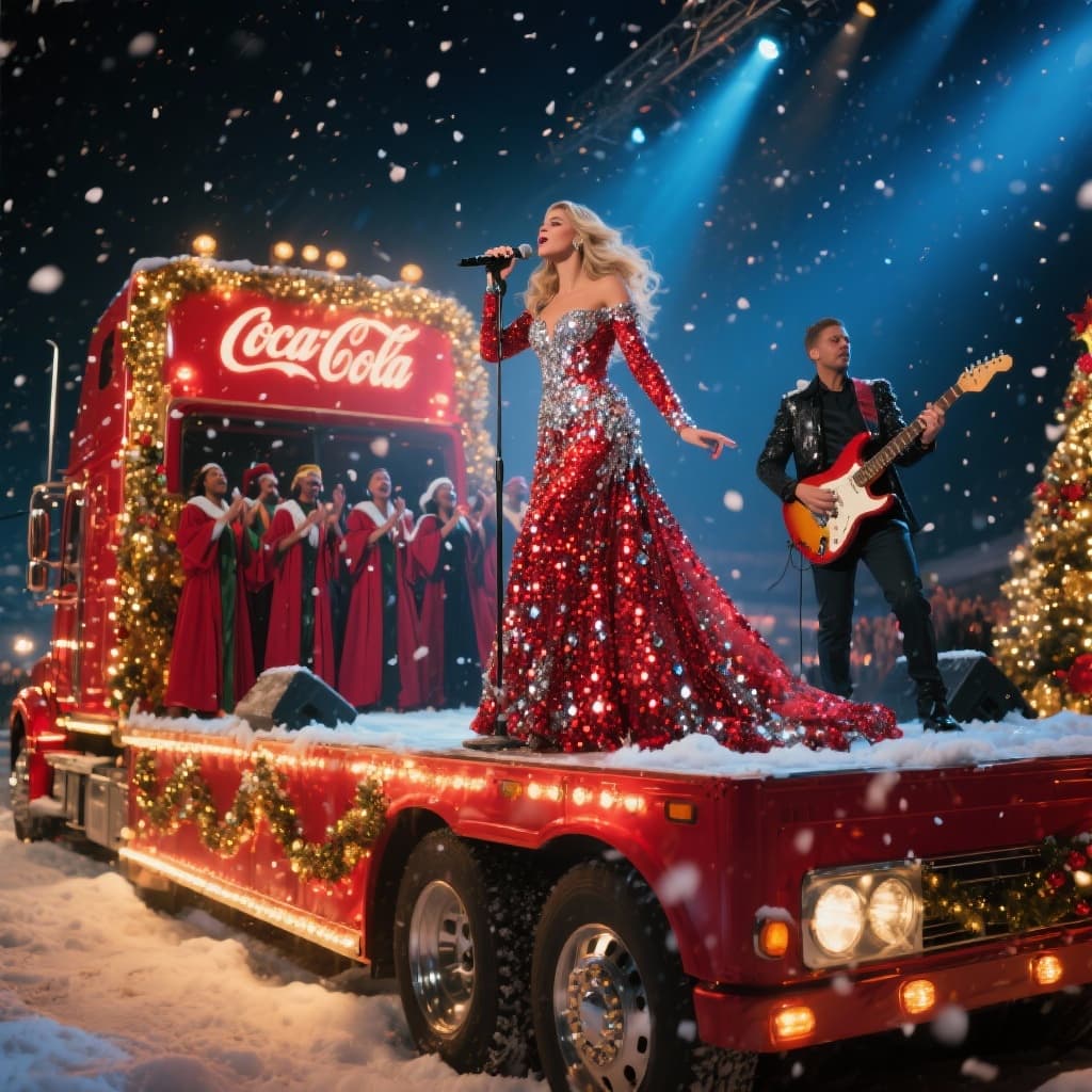 AI generated: A glamorous female superstar performing live atop a massive, dazzling Christmas Coca-Cola style truc...