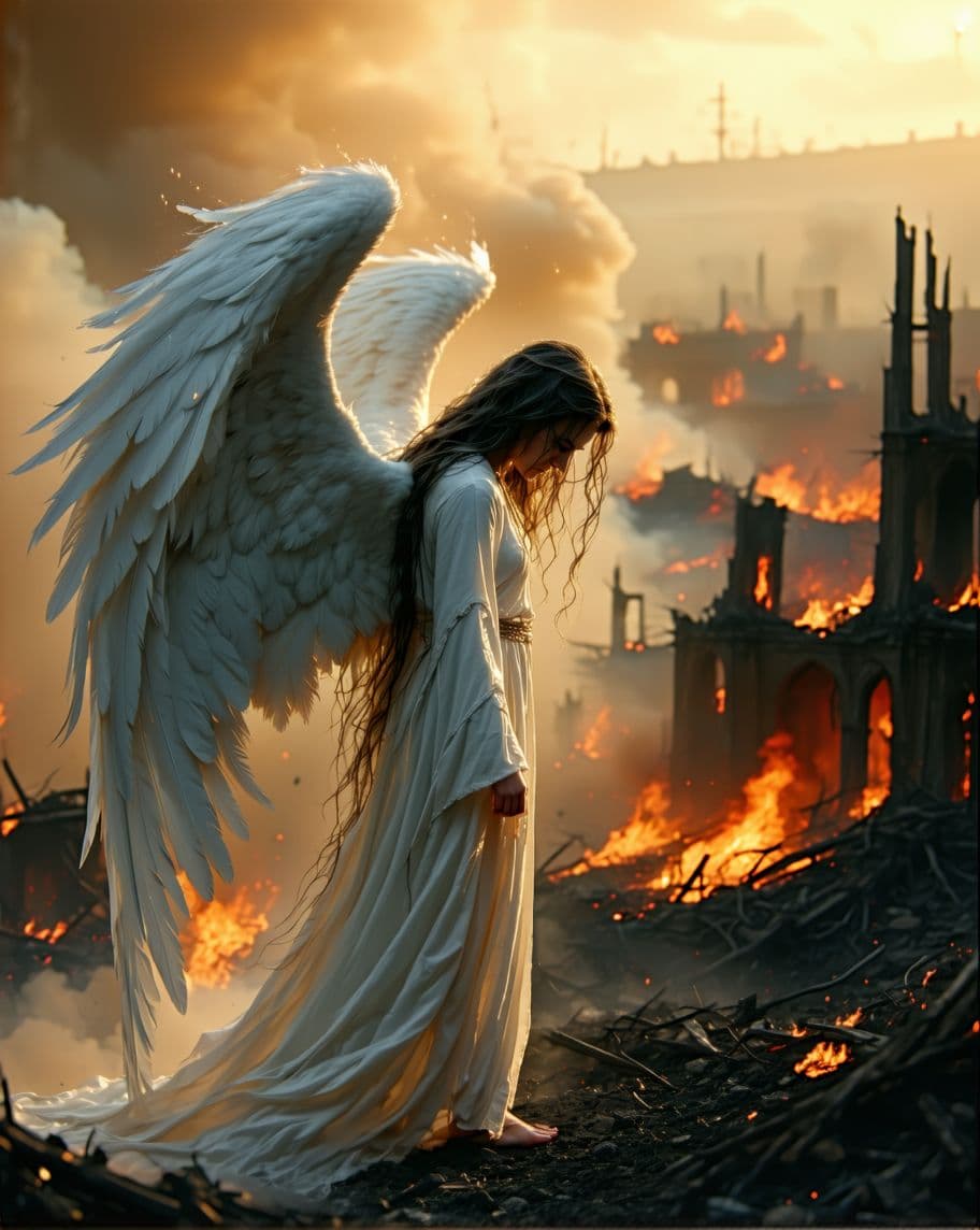 AI generated: Closeup of a gigantic hyper-realistic beautiful angel with white wings, and a white robe, she looks ...
