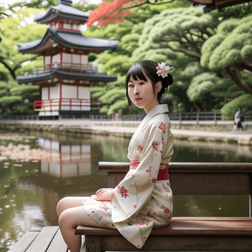 AI generated: Create a personal and intimate portrait of a young japanese woman in kimono sitting on a wooden benc...
