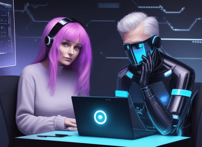 AI generated: Image of a cyber space middle age man and 28 year old woman love