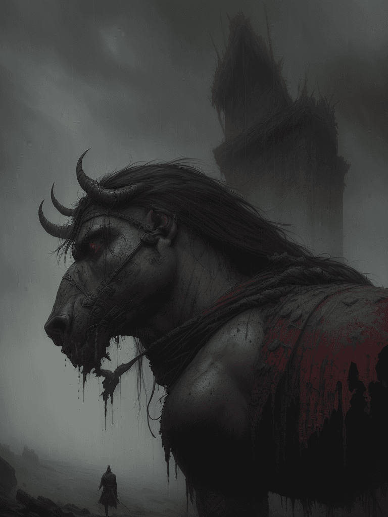 AI generated: portrait of a brutal warrior, rainy, epic composition, emotionally profound, symbaroum, digital pain...