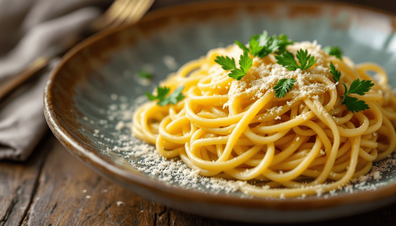 AI generated: A perfectly styled plate of pasta carbonara with fresh parsley and grated Parmesan, warm tones, ultr...