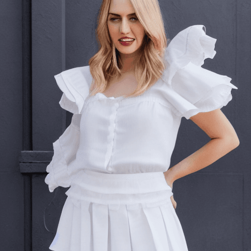 AI generated: Full shot, Beautiful blonde woman, white silk ruffle button-up blouse, frill full sleeves, frill hig...