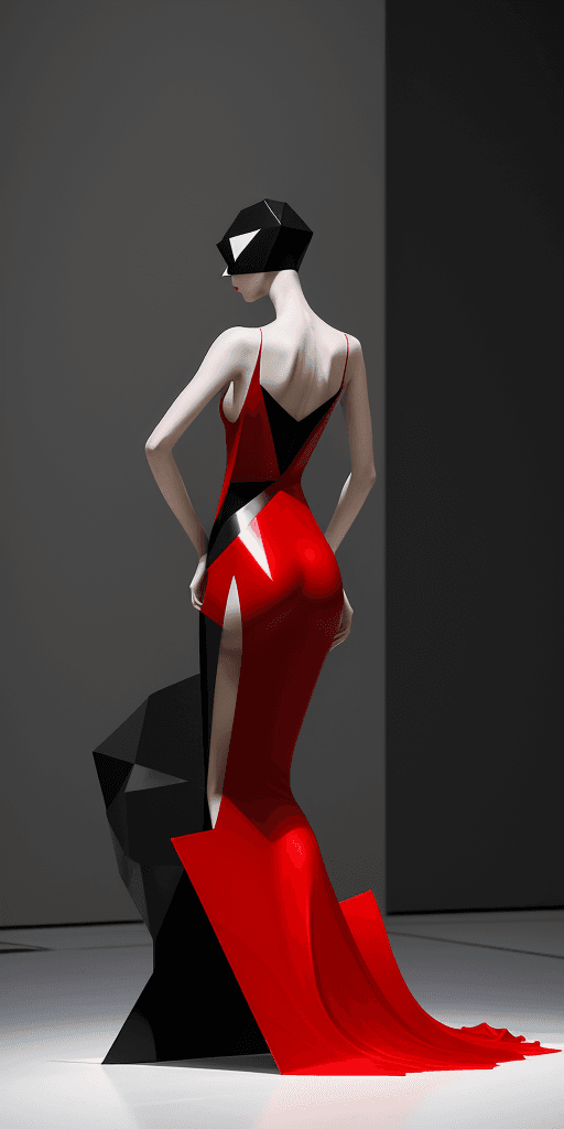 AI generated: An avant-garde fashion designed by Raf Simons. The red dress is weightless, with the stunning juxtap...