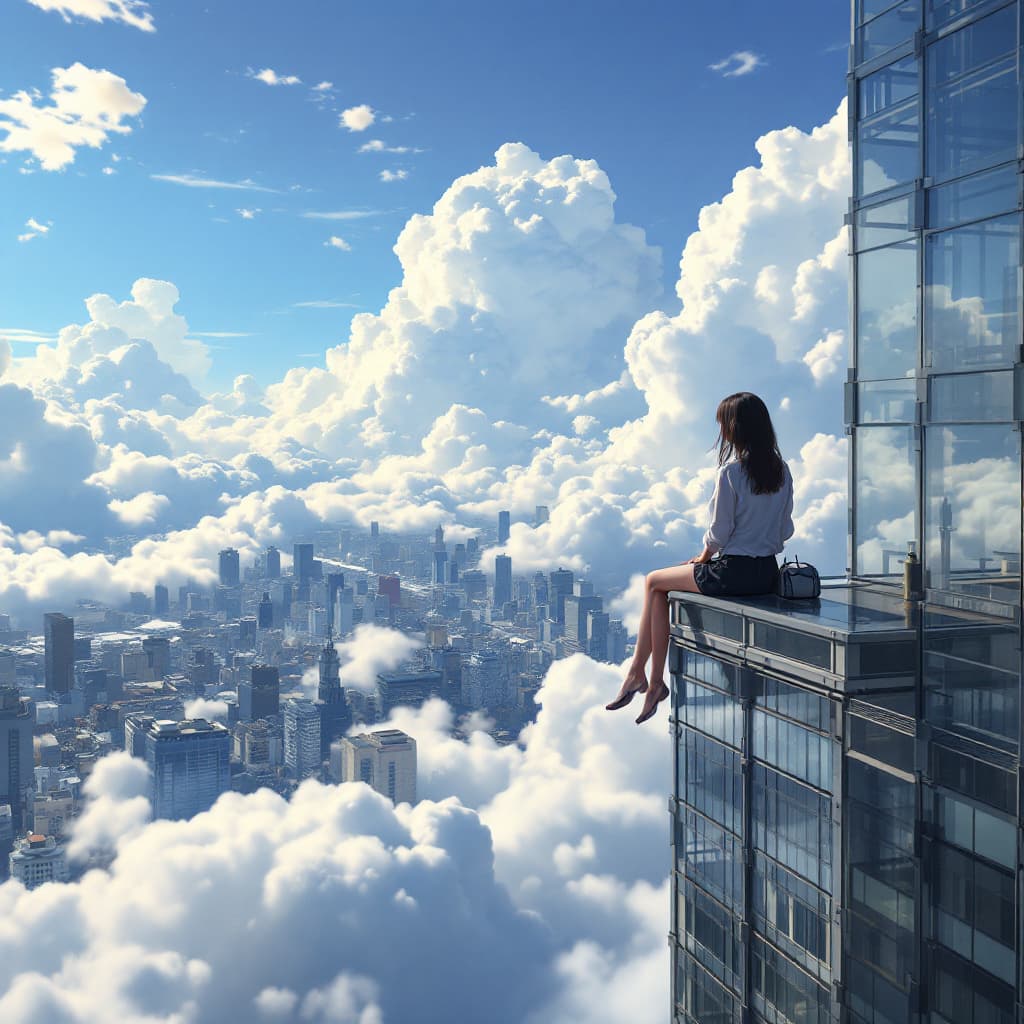 AI generated: a mature girl sitting on the skyscraper and seeing far down to another short building. hyperrealisti...