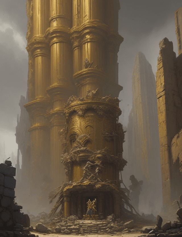AI generated: Ruins of an antique dwarf vault, high stone colums, tall gold statue of dwarf king by Greg Rutkowski...