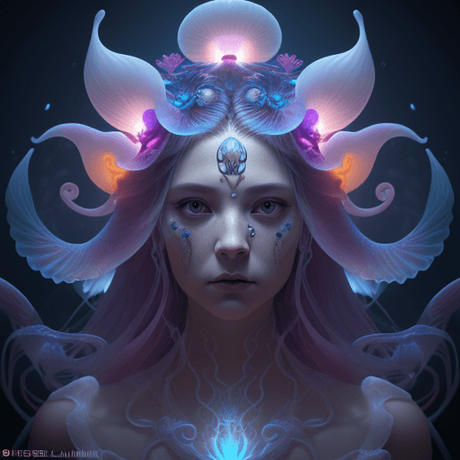AI generated: Goddess close-up portrait ribcagel. jellyfish phoenix head, nautilus, orchid, skull, betta fish, bio...