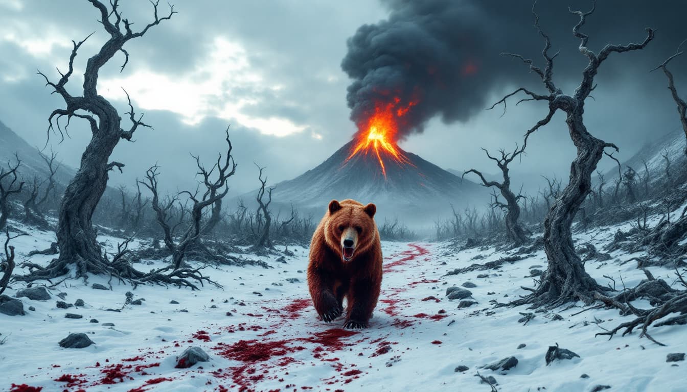 AI generated: The camera opens from an extreme distance, showing the red bear walking through a devastated valley....