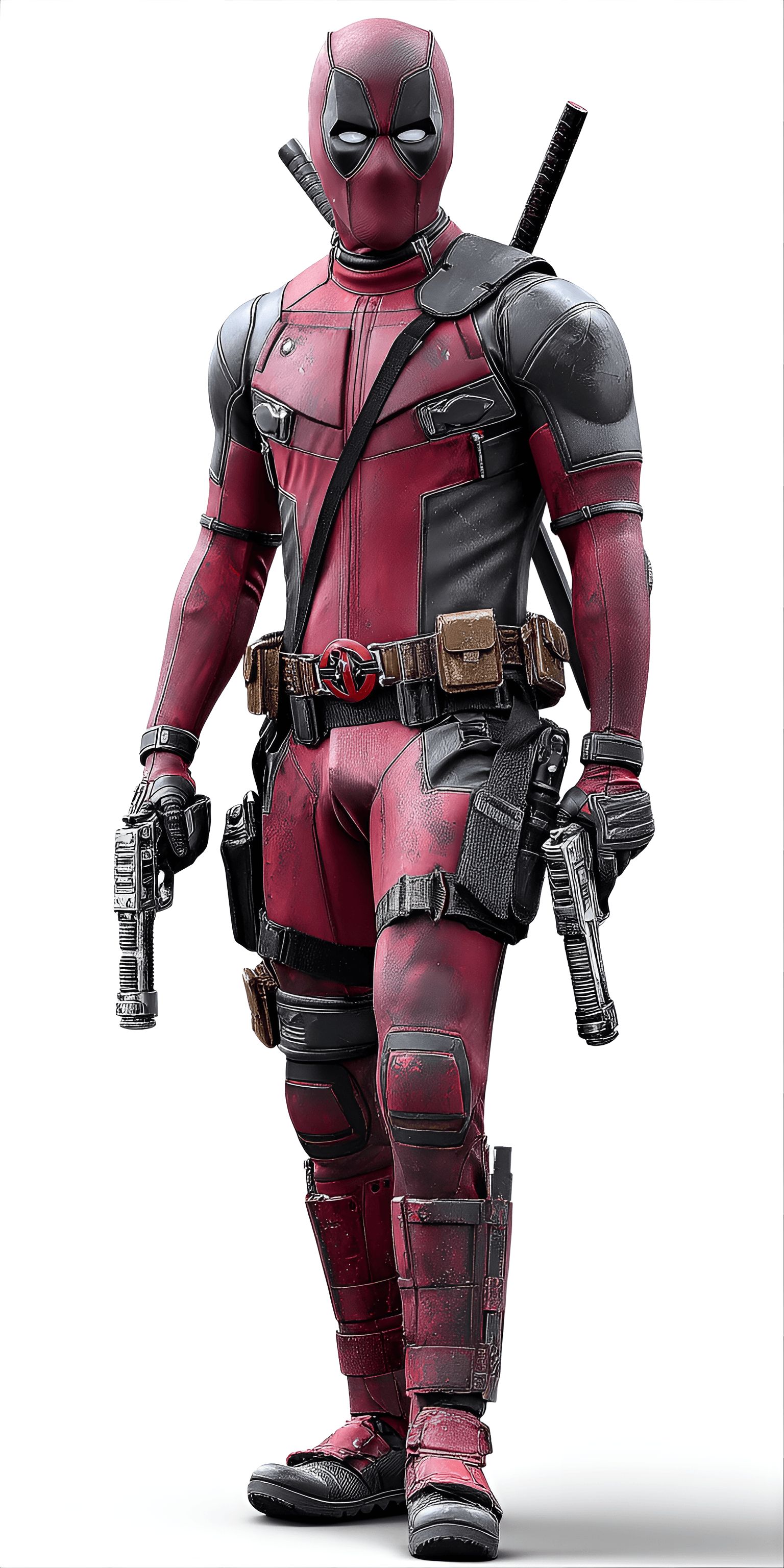 AI generated: full-body depiction of the character Deadpool, centered in the frame. The subject is a young adult, ...