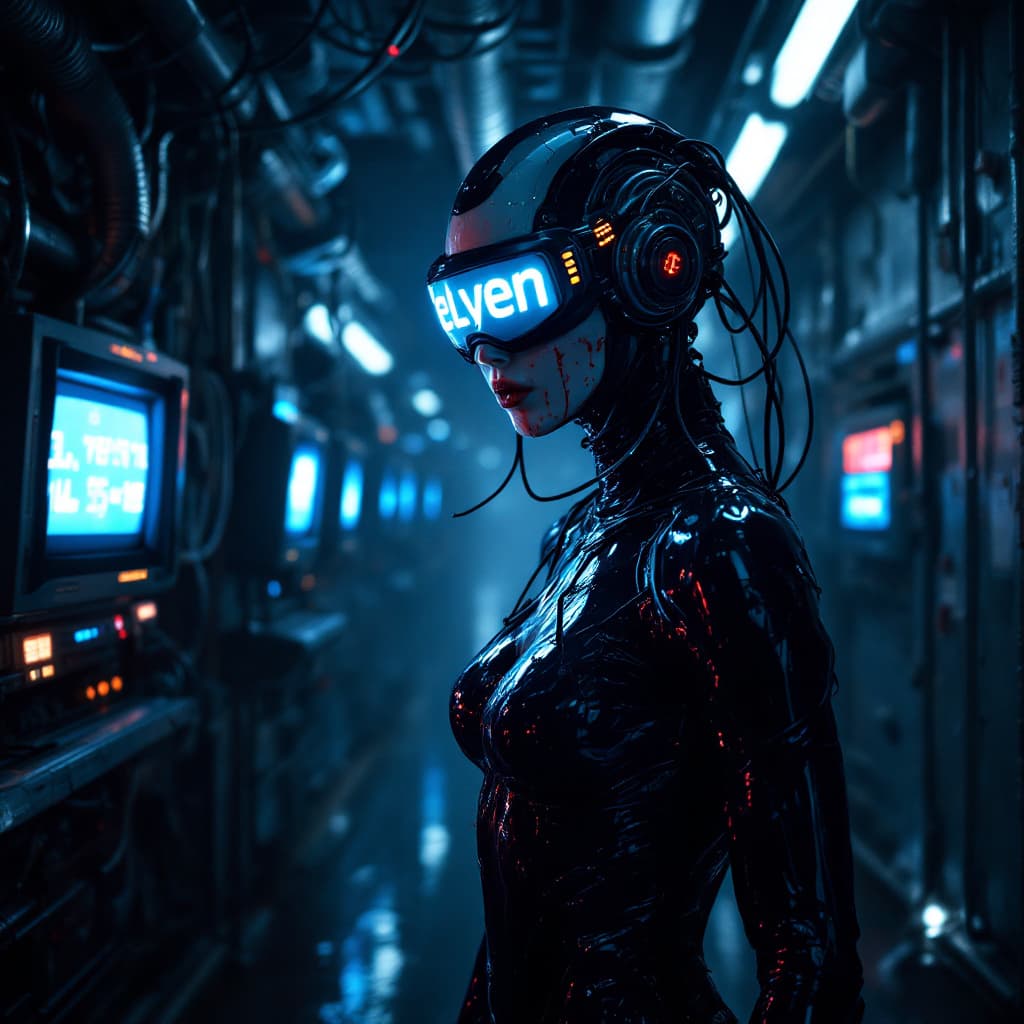 AI generated: 3 quarter angle of a  futuristic cyberpunk humanoid with a sleek black latex bodysuit, wearing a hig...