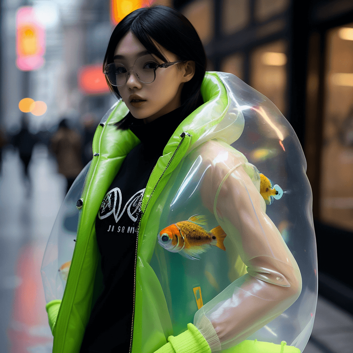 AI generated: a street photo of fashion model wearing (abnormal sized transparent with fishes inside air-puffed ja...