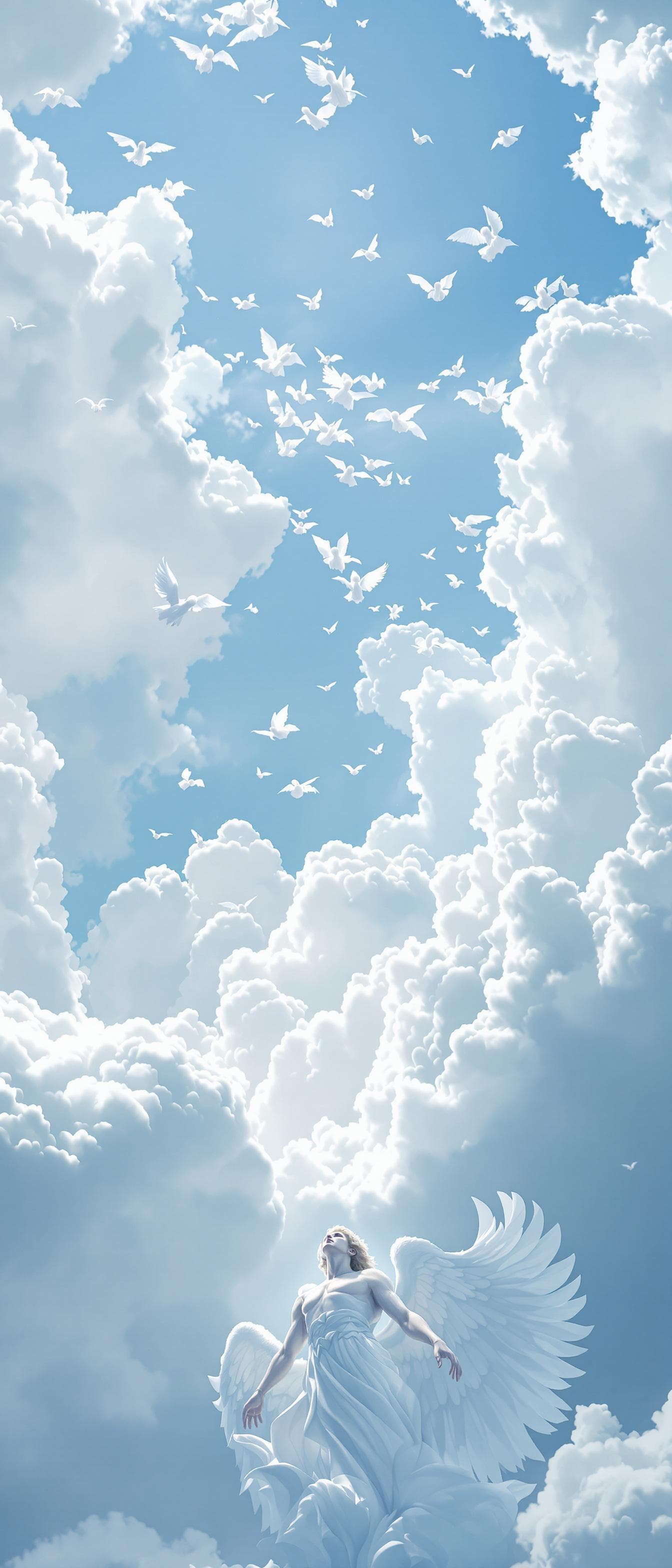 AI generated: heaven, brilliant white clouds against a light blue sky with tiny angels flying around in the distan...