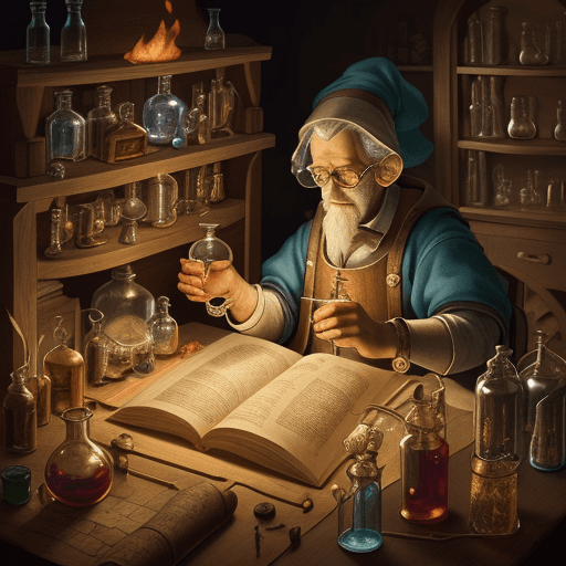 AI generated: Ultra-detailed 3D illustration of a pop-up book featuring an alchemist in his laboratory, brewing po...