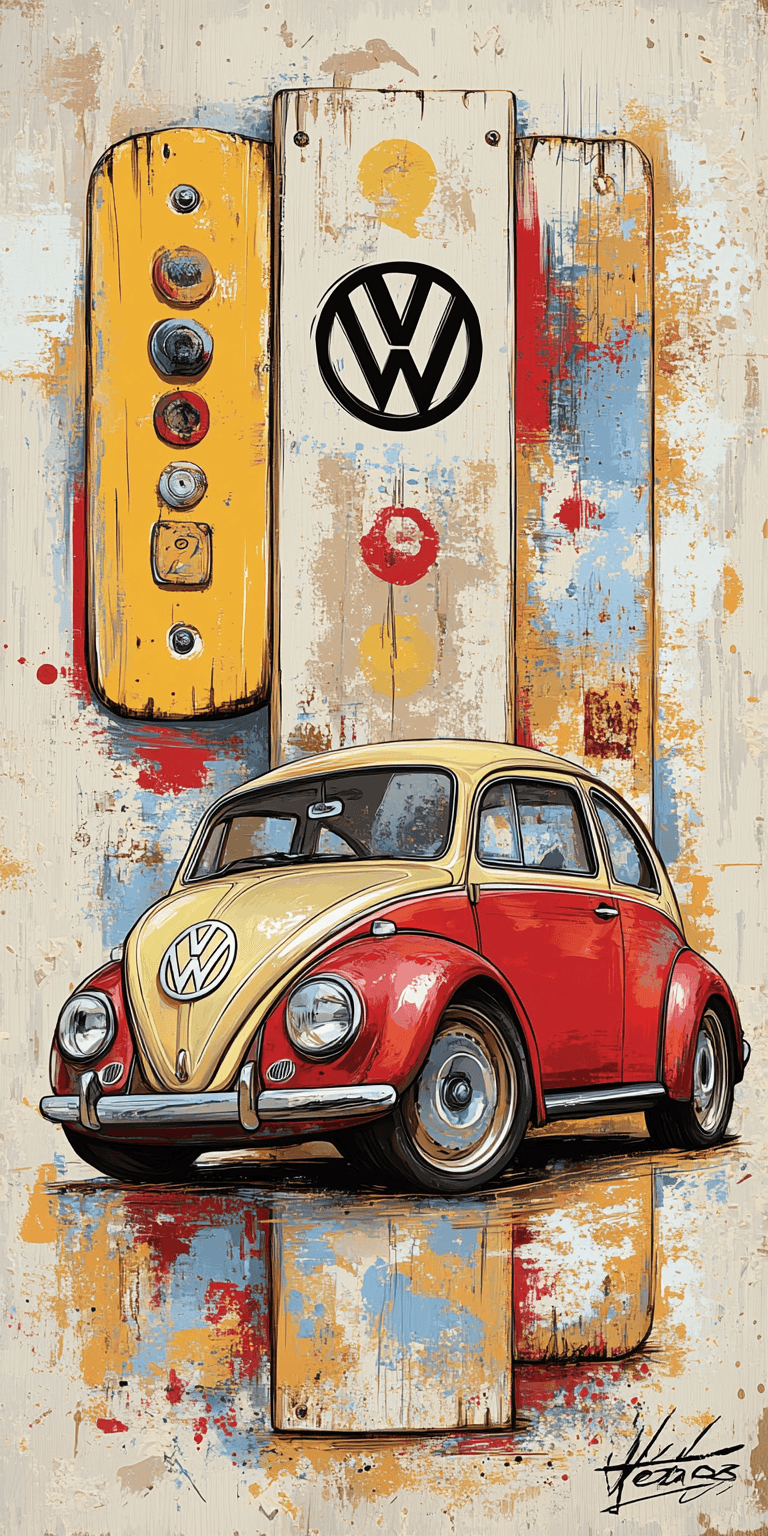 AI generated: vw beetle vintage poster, in the style of rustic simplicity, gritty reportage, kombuchapunk, rusty d...