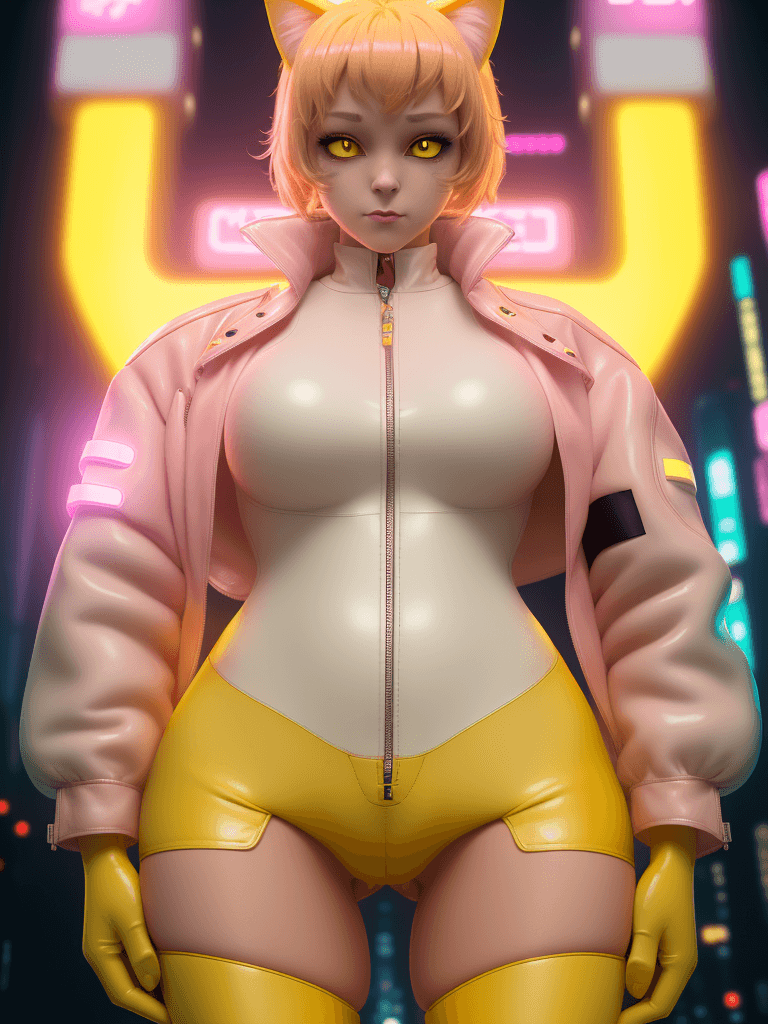 AI generated: An anthropomorphic Charlotte Pudding cat girl, cat nose pink outline, in neo-Tokyo, cyberpunk yellow...