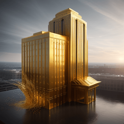 AI generated: Award shaped like a hotel building, liquid gold splashing exterior of award; 8k, intricate detail, p...