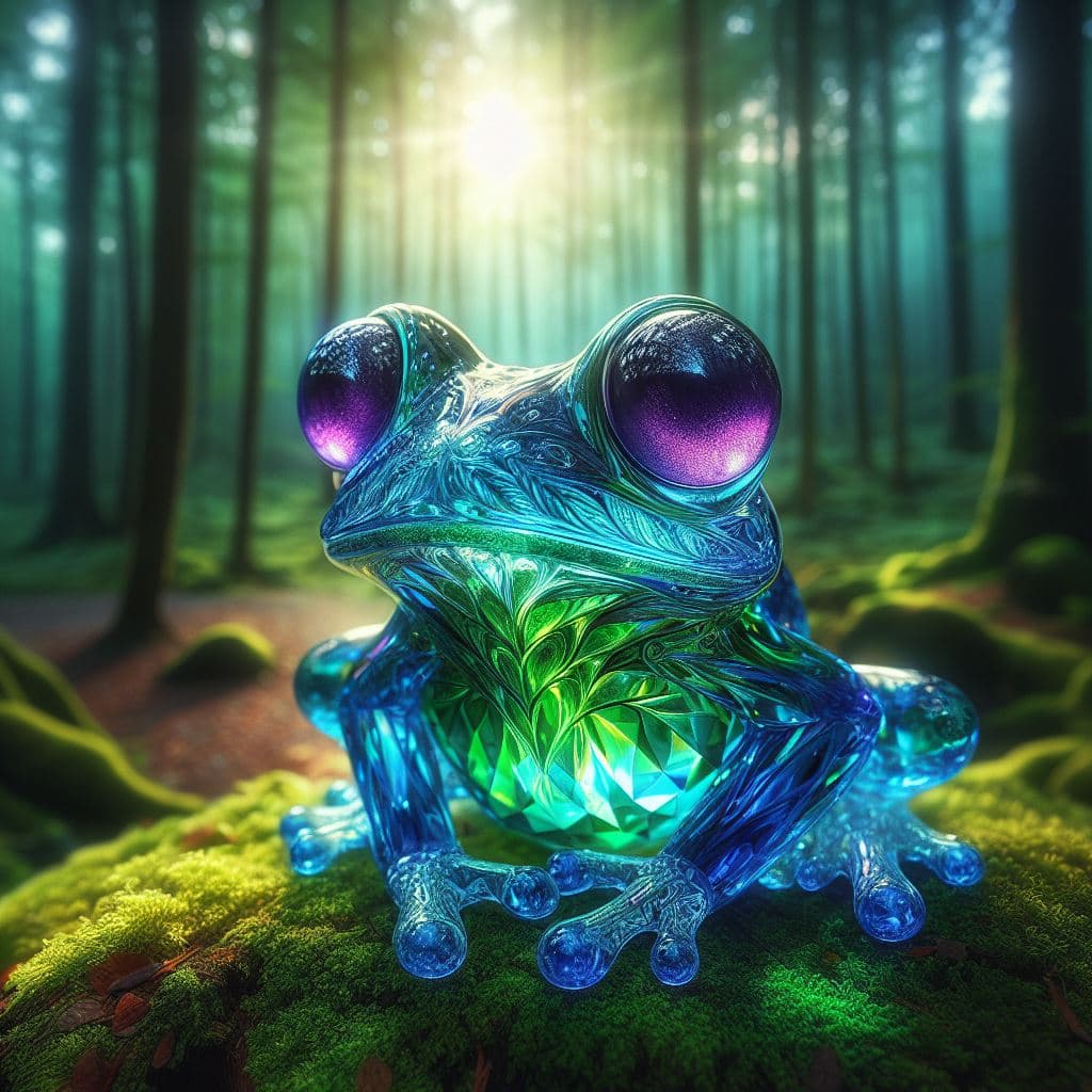 AI generated: In a surreal forest clearing, imagine a radiant crystal frog. Its transparent blue head sparkles in ...