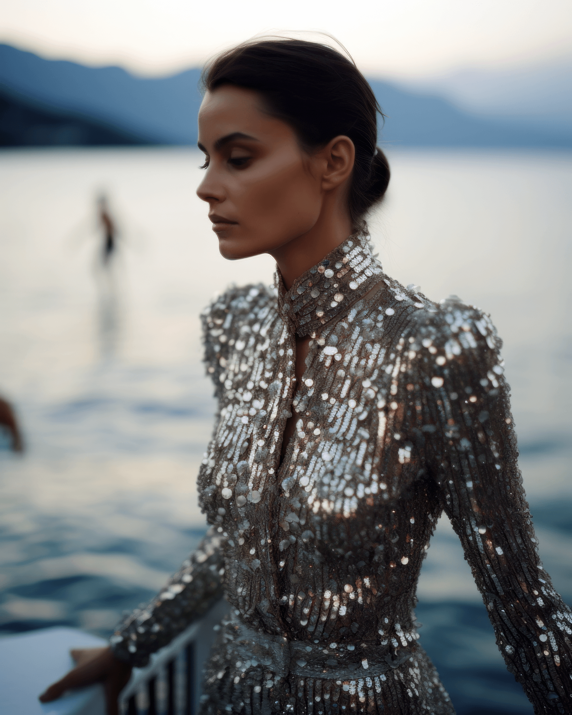 AI generated: a young, elegant fashion model emerging from the sea, adorned in a radiant and shimmering silver met...