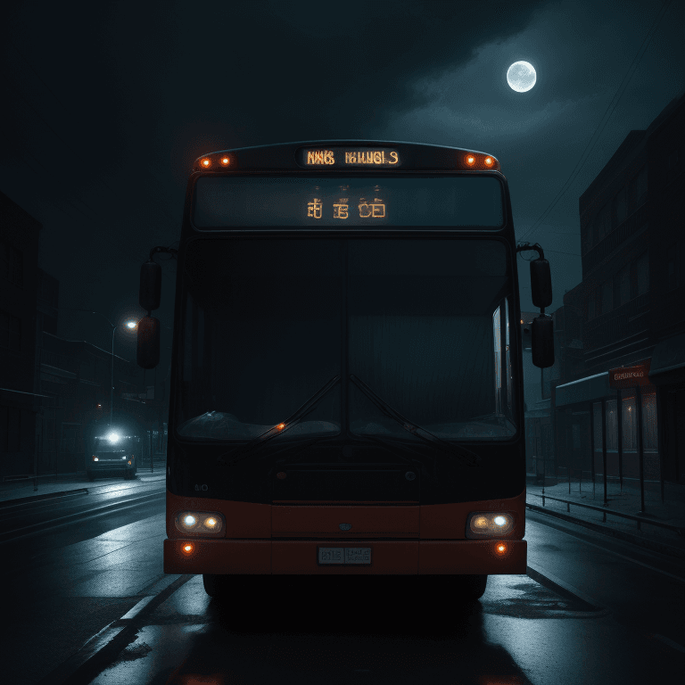 AI generated: a big bus, under the moonlight, depictions of inclement weather, uhd image,, photography, street sce...