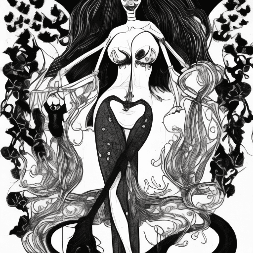 AI generated: Black and white, but fully rendered image a of sexy witch on a broom. A cat is also with her cat on ...