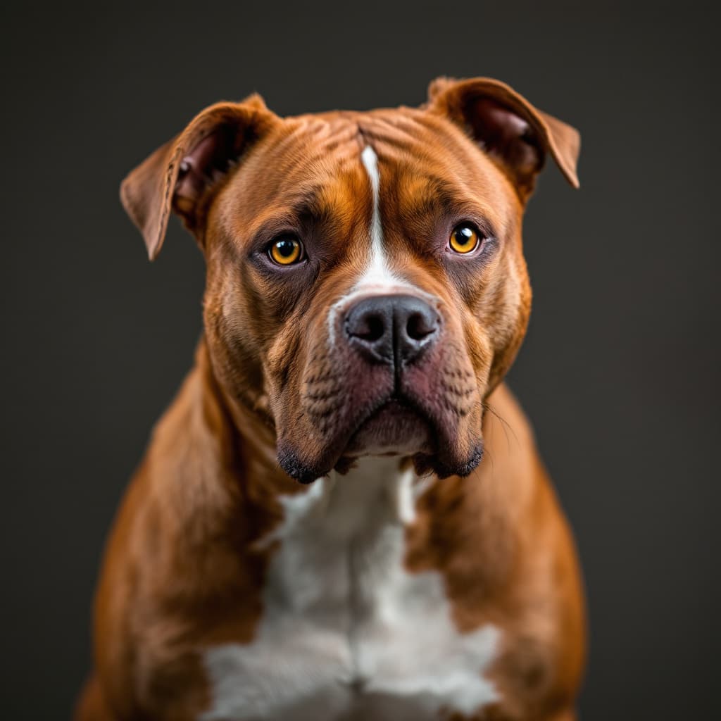AI generated: large staffordshire bull terrier with red fur and golden eyes