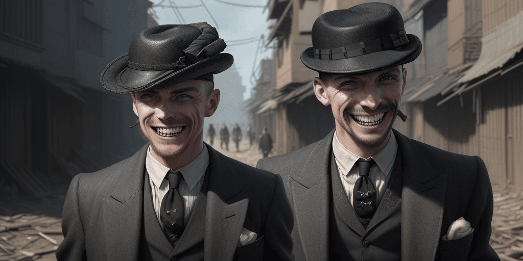 AI generated: photo of (TCr3ws:1), a man as a Peaky blinder, (laughing with bare teeth:1.3), (face focus), modelsh...
