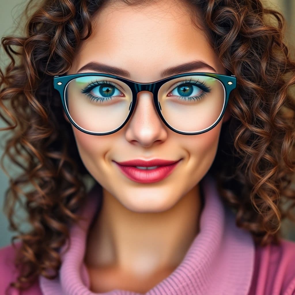 AI generated: Photorealistic, beautiful Girl, Brown curly Hair, wearing glasses, facial cumshot, cum on glasses