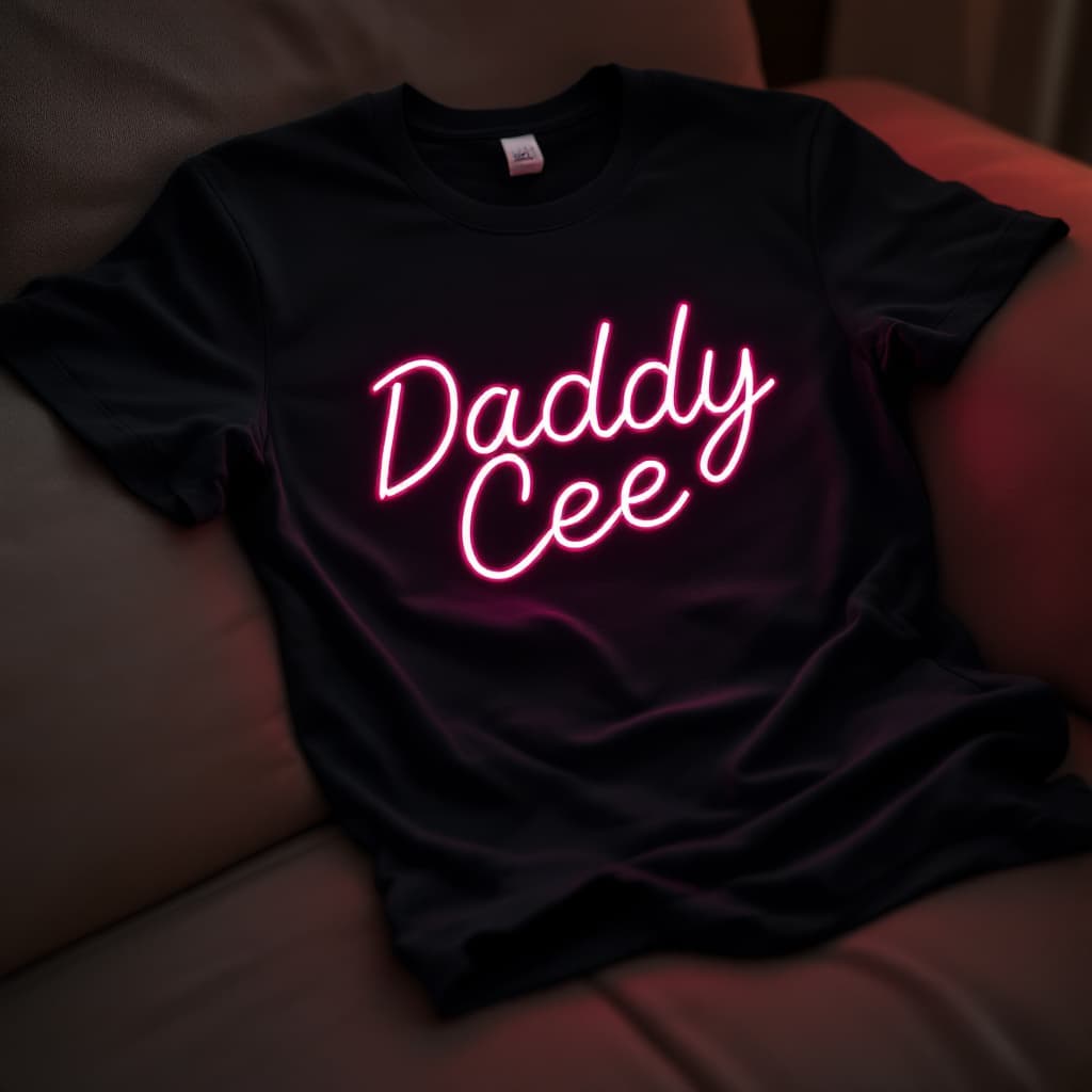 AI generated: Image of black T-Shirt and on T-Shirt wrote "Daddy Cee" in Neon light style and match on clothe. Ima...